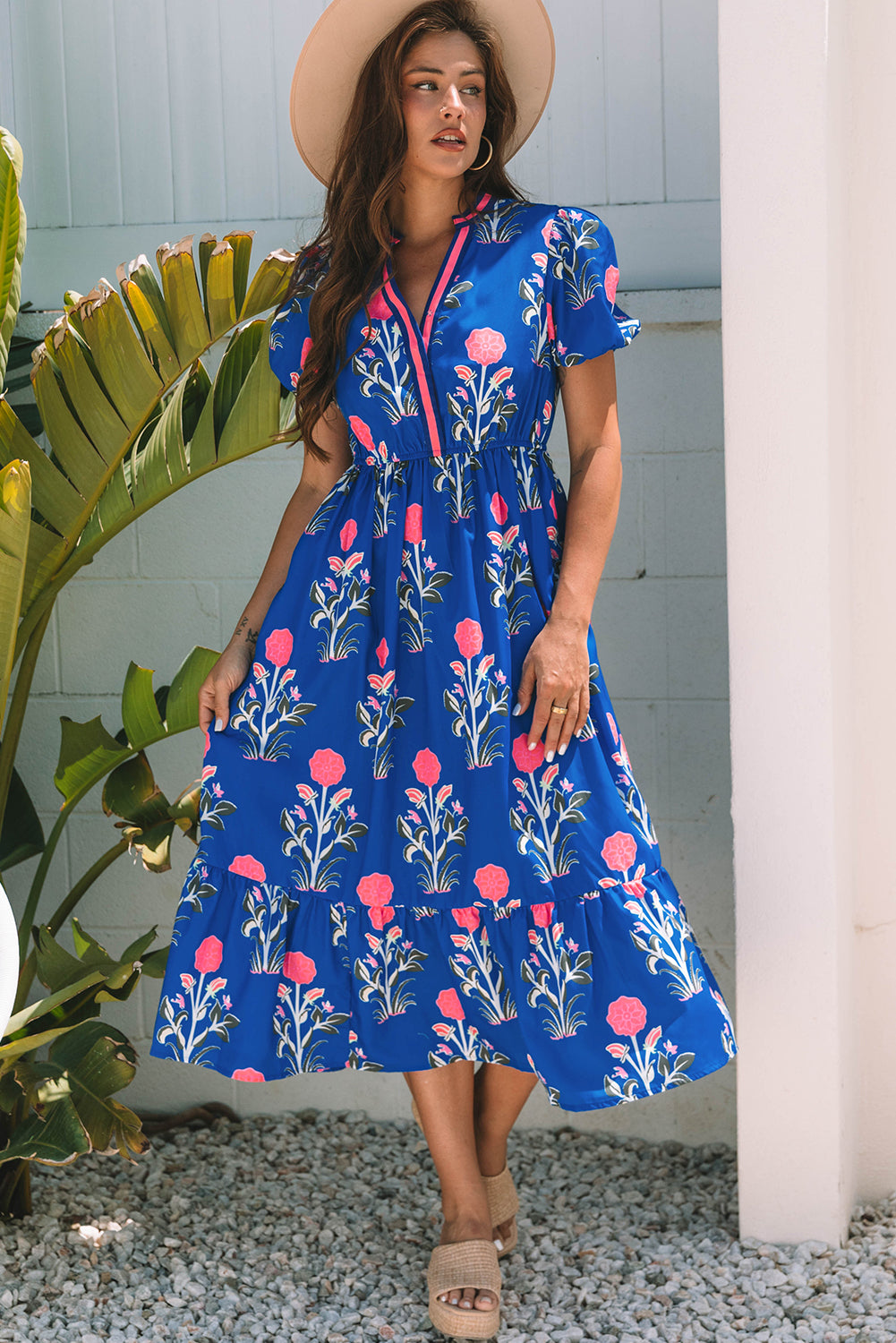Vestido largo floral abullonado manga corta cuello en V cintura alta azul