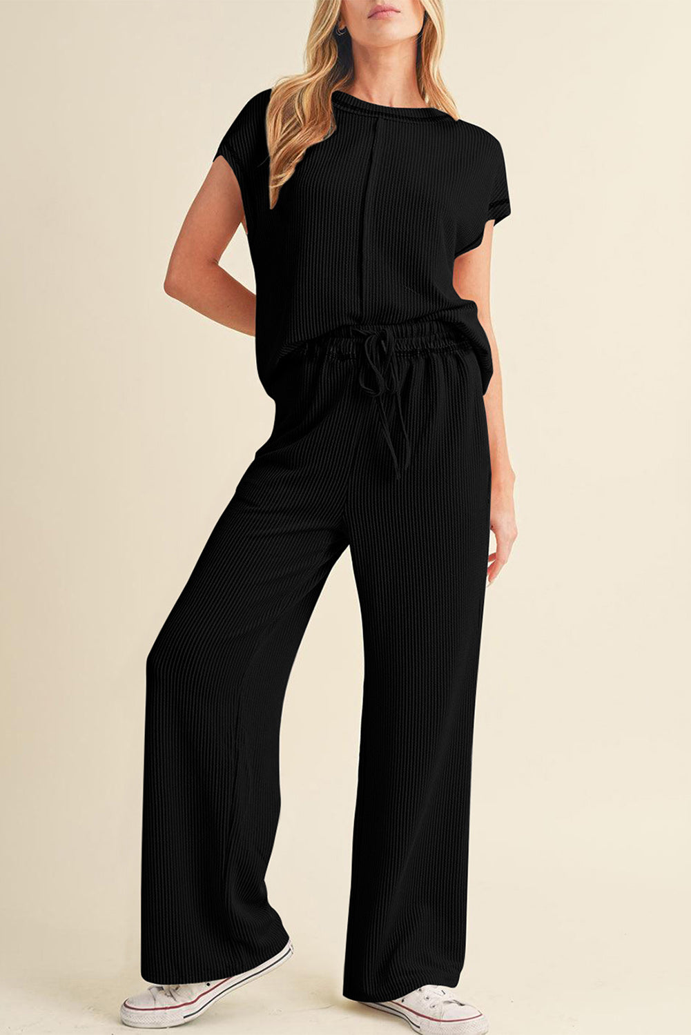 Azul marino azul sólido sólido tapa de manga corta y pantalones casuales set