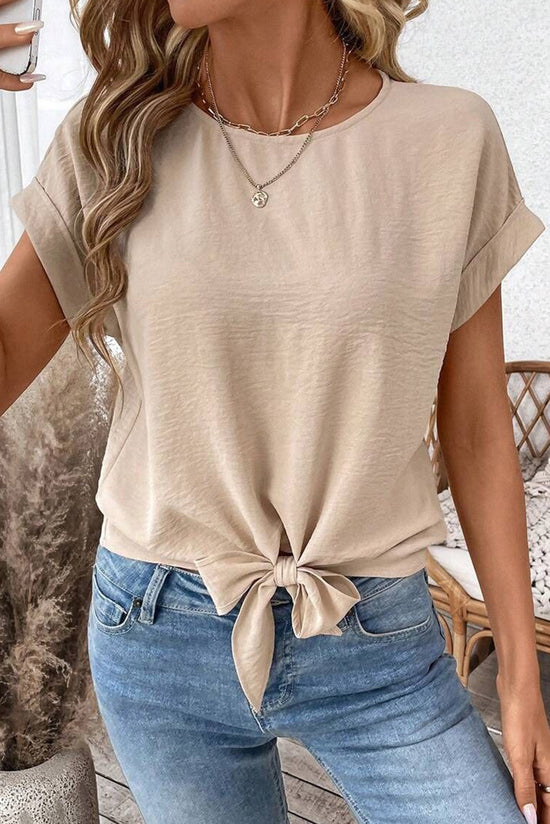 Parchemin de couleur unie nouée Hem Blouse à manches courtes