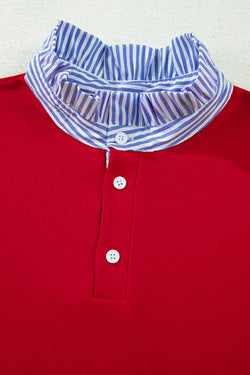Set felpa e pantaloncini da corsa con fiocco in raso patchwork con colletto a righe rosso e pantaloncini