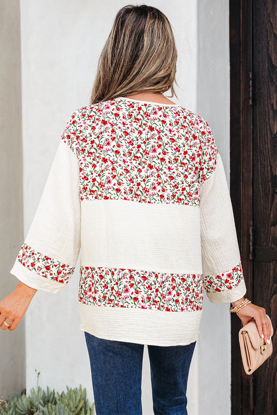 Chemisier à manches 3/4 et bouton Henley en patchwork de gaze à imprimé floral bleu ciel