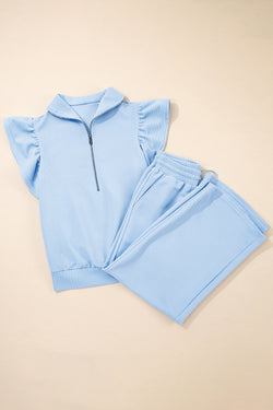 Beau Blue Textured Ruffled Sleeve Zipped Top and Wide Leg Pants Set