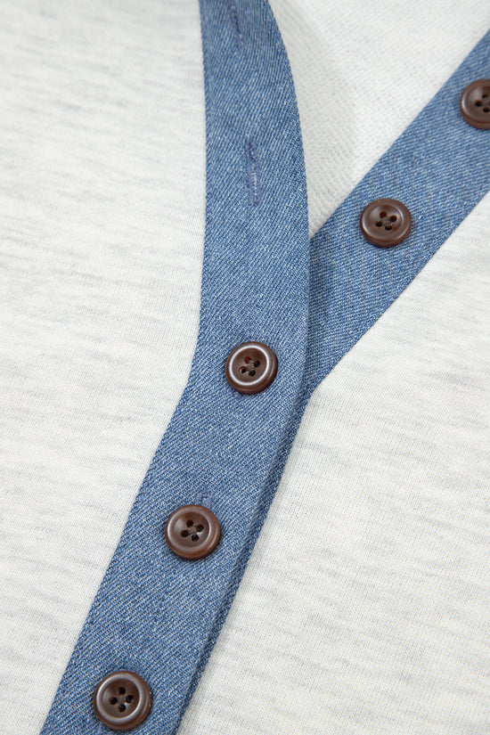 Light Grey Denim Patchwork Buttoned Polo Collar Long Sleeve Top