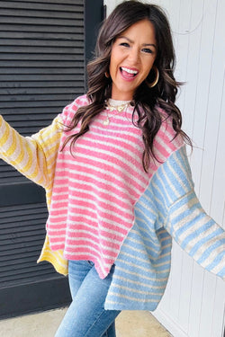 Mulicolor Block Block listrado retalhos de retalhos Dolman Sleeve Slit Sweater