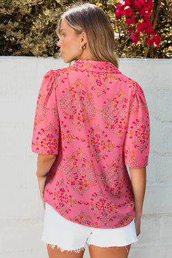 Stampa floreale rosso rosa a manica corta camicia sciolta