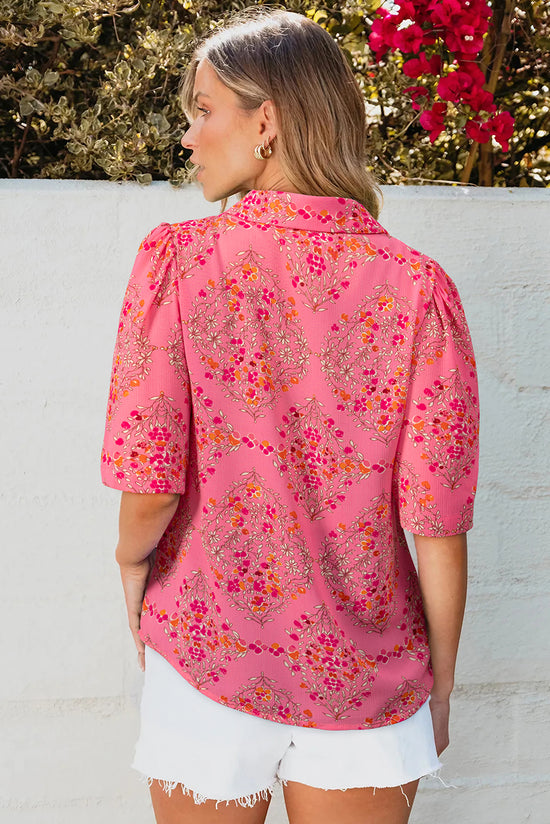 Stampa floreale rosso rosa a manica corta camicia sciolta