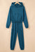 Peacock Blue Cozy Hooded Sweatshirt Drawstring Elastic Waistband Cargo Pant Set
