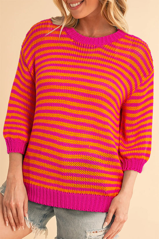 Rose Stripe 3/4 suéter de ombro de manga Puff