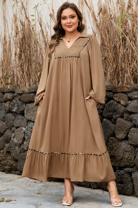 Pulseira castanha com decote em V e leopardo, vestido longo plus size