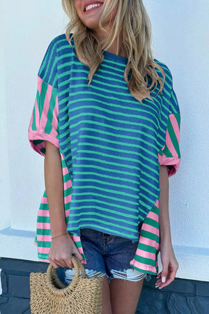 Blue Stripe Colorblock Patchwork Baggy Tir
