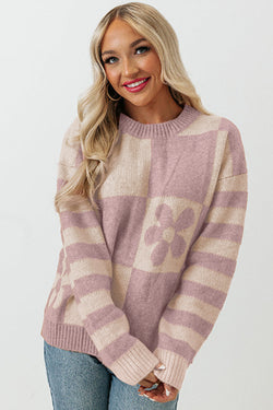 Maglione a strisce floreali a scacchi marrone