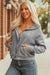 Gray Waffle Splicing Zip Up Front Button Hooded Jacket