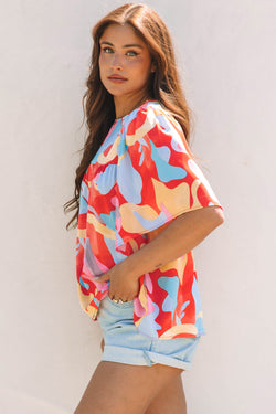 Multicolour Abstract Pattern Assicch Wide Clew Neck Blouse