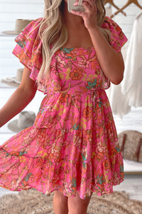 Vestido de manga rosa de pescoço quadrado floral