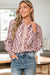 Floral Print Frilled Striped Trim Button Down Smocked Cuffs Long Sleeve Shirt