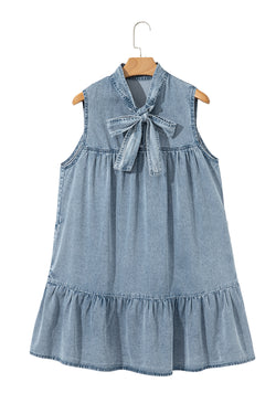 Beau Blue Bowknot Neck sin mangas con volantes Vestido de chambray