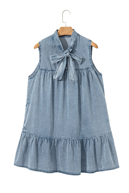 Beau Blue Bowknot Neck sin mangas con volantes Vestido de chambray