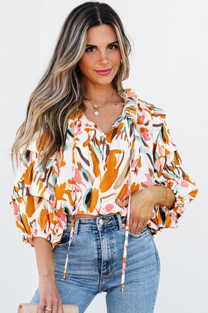 Amarillo Resumen Impreso Drawling Strilled V Cuella 3/4 Blusa de manga