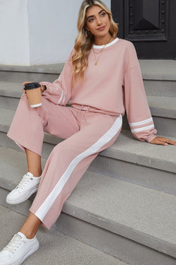 Blue Varsity Stripe Patchwork Puff Sleeve Pullover Drawstring Wide Leg Pant Set