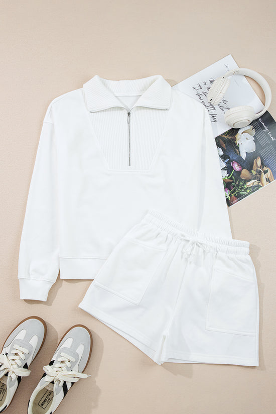 Ensemble sweat-shirt et short blanc à col côtelé et épaules tombantes