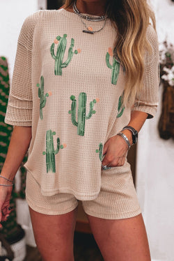 Light French Beige Cactus Forest Waffle Media manga Set corta