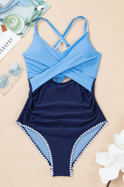 Beau blue ric rac trim ha contrastato patchwork contrastante costume da bagno
