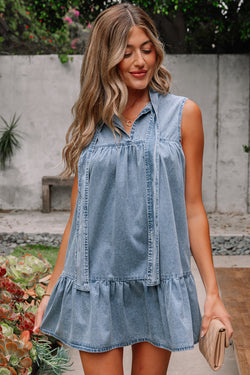 Beau Blue Bowknot Neck sin mangas con volantes Vestido de chambray