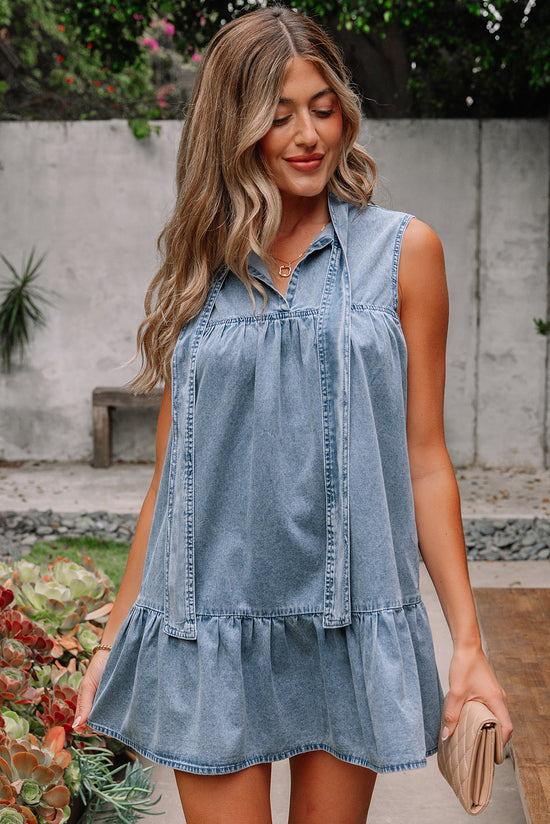 Beau Blue Bowknot Neck sin mangas con volantes Vestido de chambray