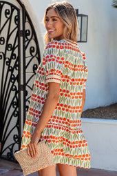 White Tulip Floral Print Cotton Puff Short Sleeve Mini Dress