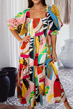 Numero bianco Smock Smocking Stampa ad astratto Boho Maxi Dress
