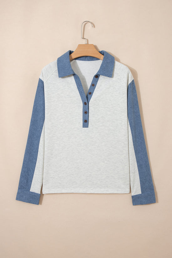 Light Grey Denim Patchwork Buttoned Polo Collar Long Sleeve Top