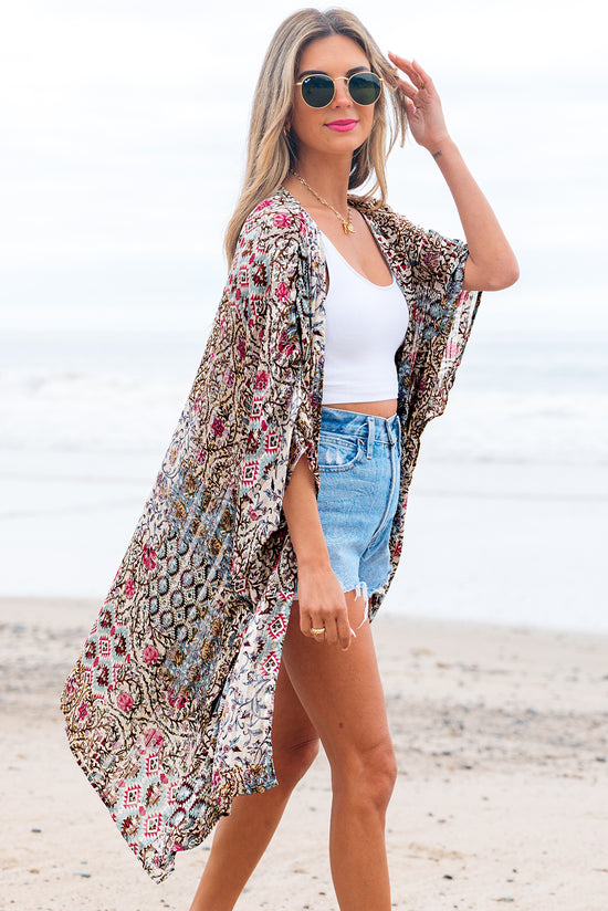 Apricot estampado floral manga corta abierta del frente suelto kimono suelto