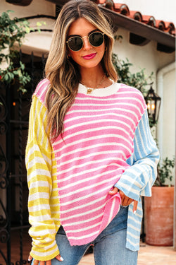 Mulicolor Block Block listrado retalhos de retalhos Dolman Sleeve Slit Sweater