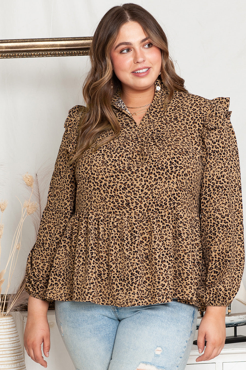 Decoración de hombro con volantes de leopardo Top babydoll de talla grande
