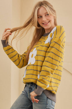 Stripe giallo margherita floreale a maglia rotonda a maglia a maglia