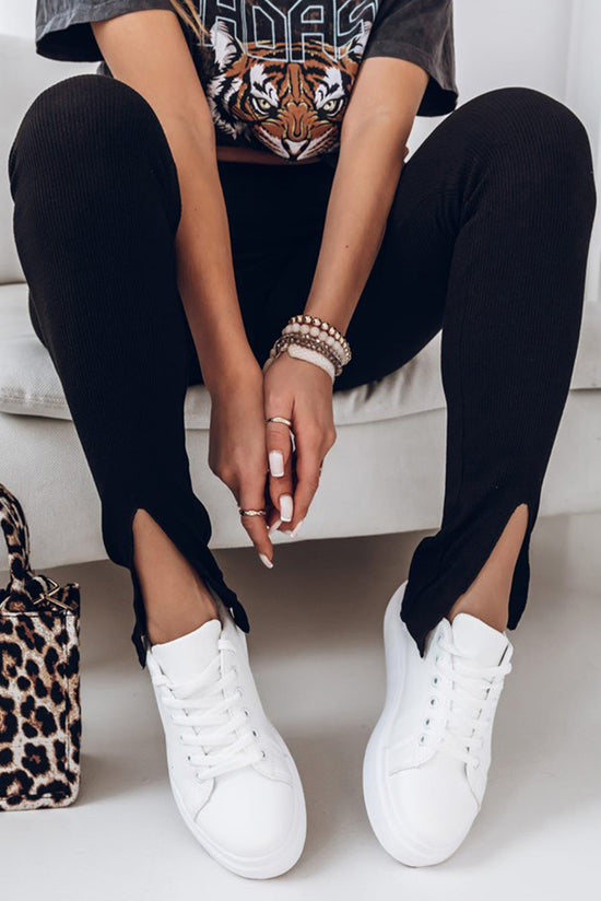 Leggings con spacco a vita alta in maglia a coste nere
