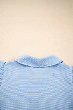 Beau Blue Textured Ruffled Sleeve Zipped Top and Wide Leg Pants Set