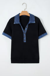Black Waffle Knit Denim Contrast Trim Patchwork Button Polo Collar Top