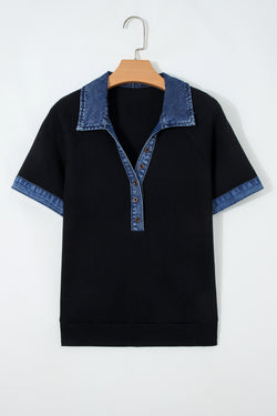 Black Waffle Knit Denim Contrast Trim Patchwork Button Polo Collar Top