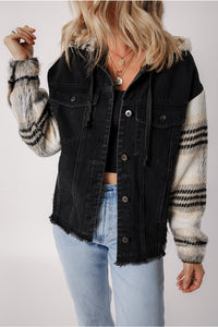 Veste en jean à couêt à manchette à plaid noir