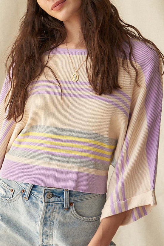 Purple Stripe limítrofe costela malha com manga dolman com manga dolman