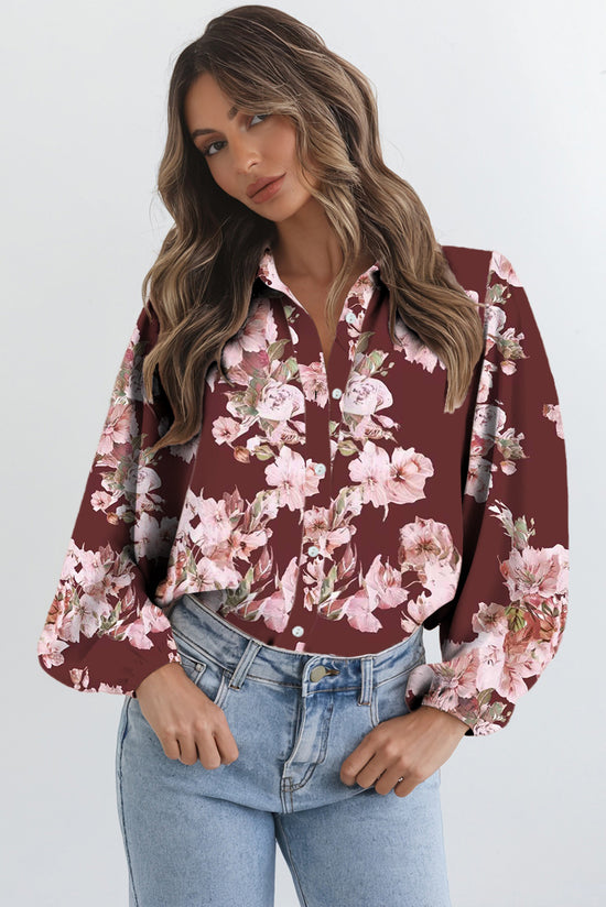 Camisa ligera con mangas abullonadas y estampado floral naranja