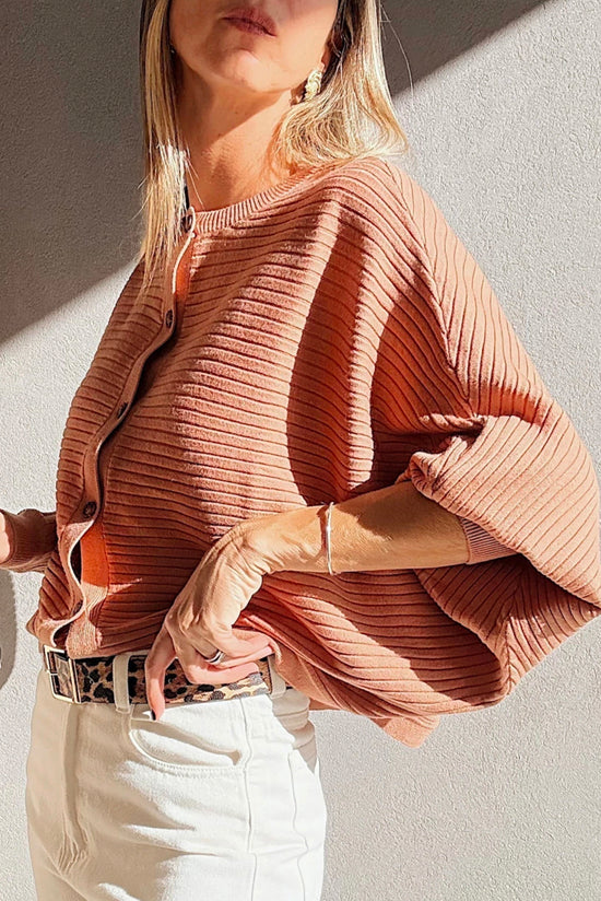 Pulsante a costola a costola rosa alberico anteriore Dolman Sleeve maglione cardigan
