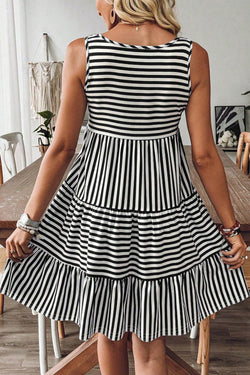 Sky Blue Stripe U Neck Maneveless Fit Fit Mini Vestido
