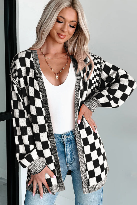 Cardigan con spalla con goccia anteriore a scacchi neri a scacchi