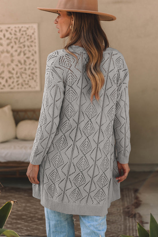 Grey Hollow-out Openwork Knit Cardigan