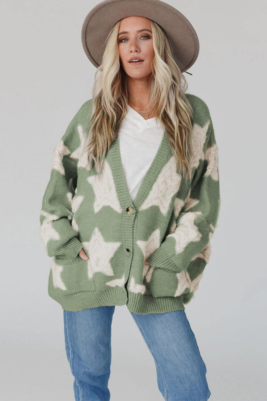Khaki Sherpa Star Pattern Textured Sweater Cardigan with Pockets