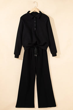 Black Solid Collared Sweatshirt and High Waist Pants Active Set