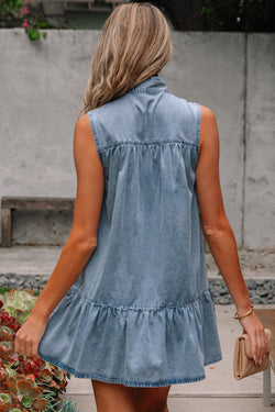 Beau Blue Bowknot Neck sin mangas con volantes Vestido de chambray