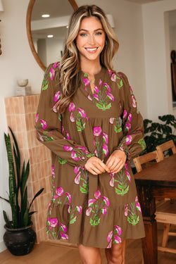 Brown Contrast Floral Print Babydoll Tunic Ruffled Hem Puff Sleeve Dress